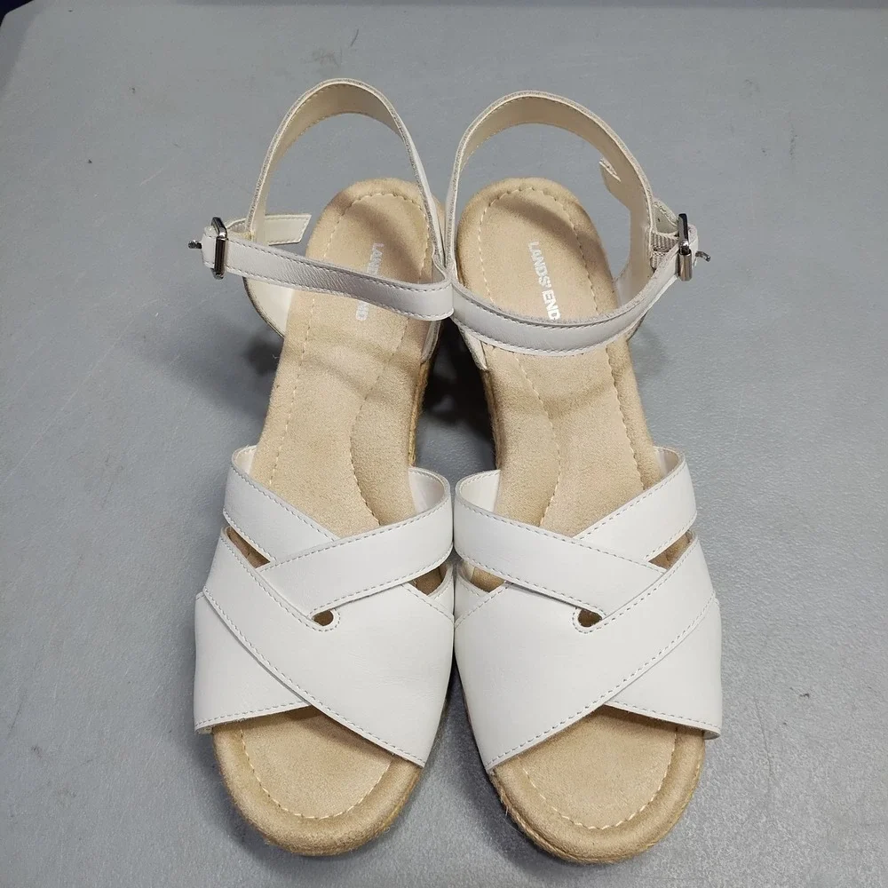 Lands' End Espadrille Wedge Sandals Womens US Size 9B White Ankle Buckle Strap